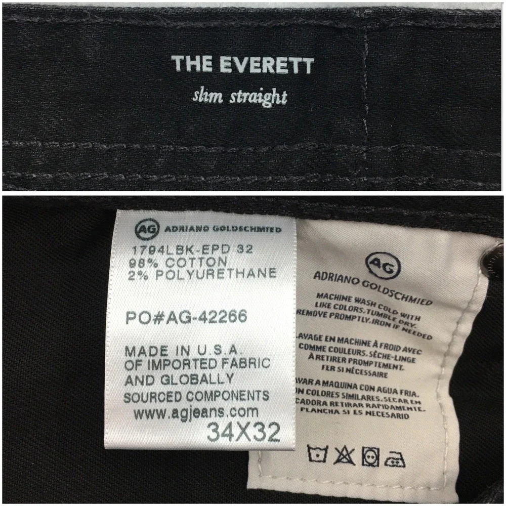 AG Adriano Goldschmied The Everett Slim Straight Black Jeans Mens 34x32 USA Made